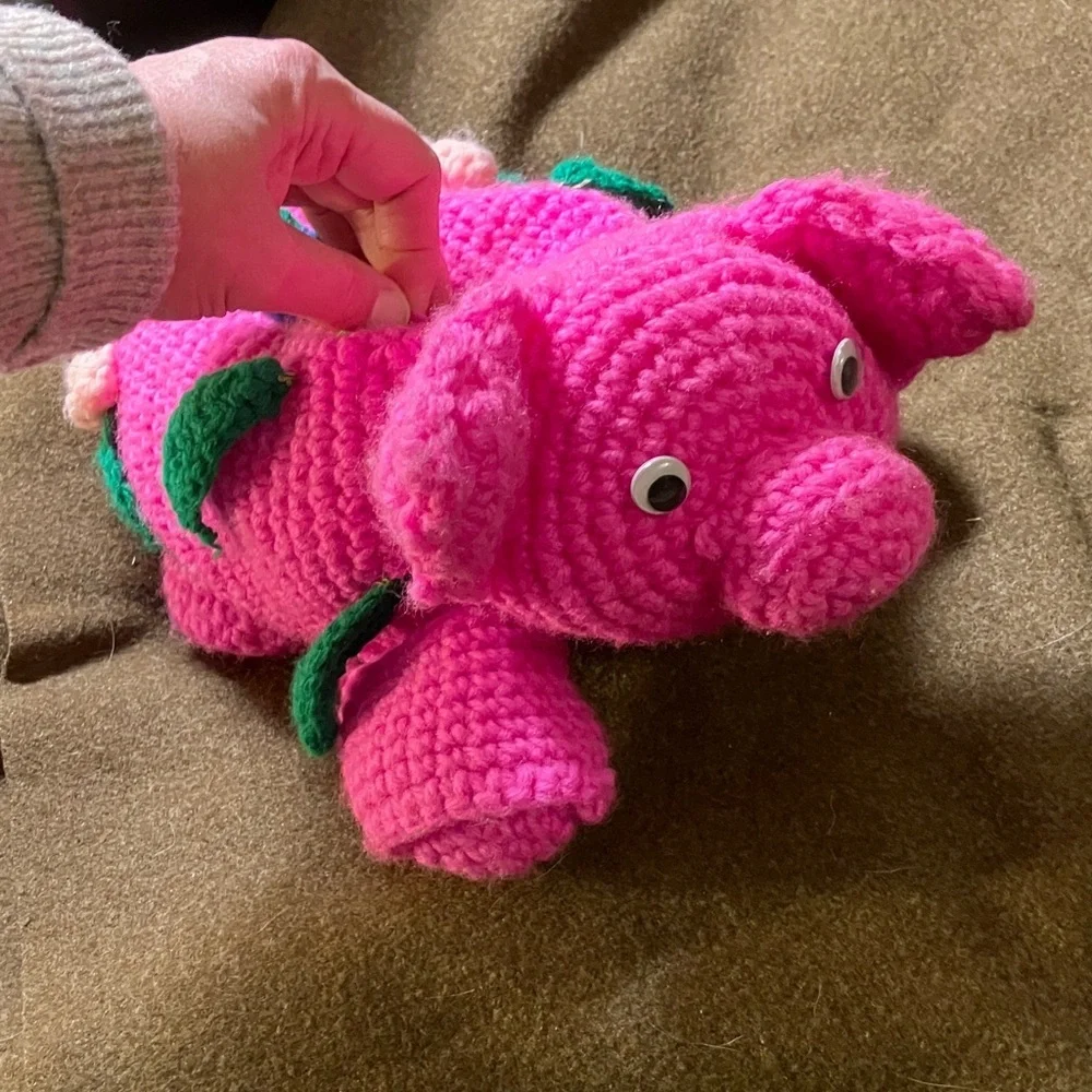 Hand knit bubblegum Pink pig with google eyes